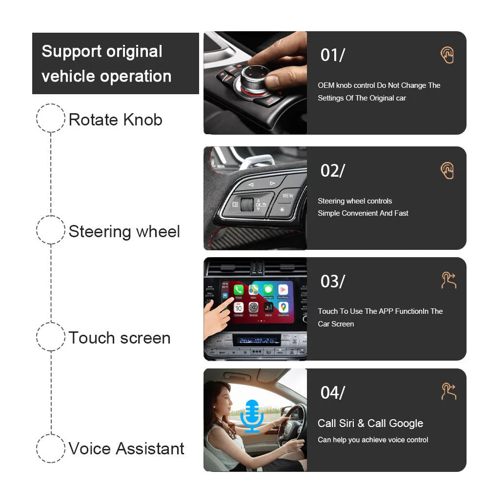 Android 11 wireless car smart box upgrade unit with ABS plastic casing showing dimensions