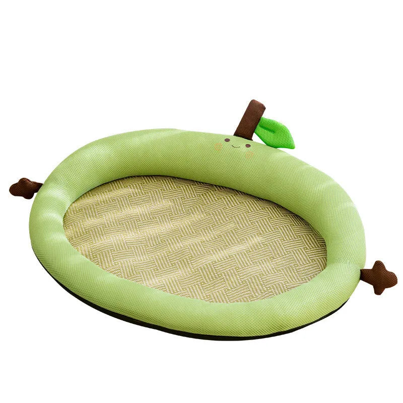 Green fruit backrest pet nest mat for dog or cat on floor.