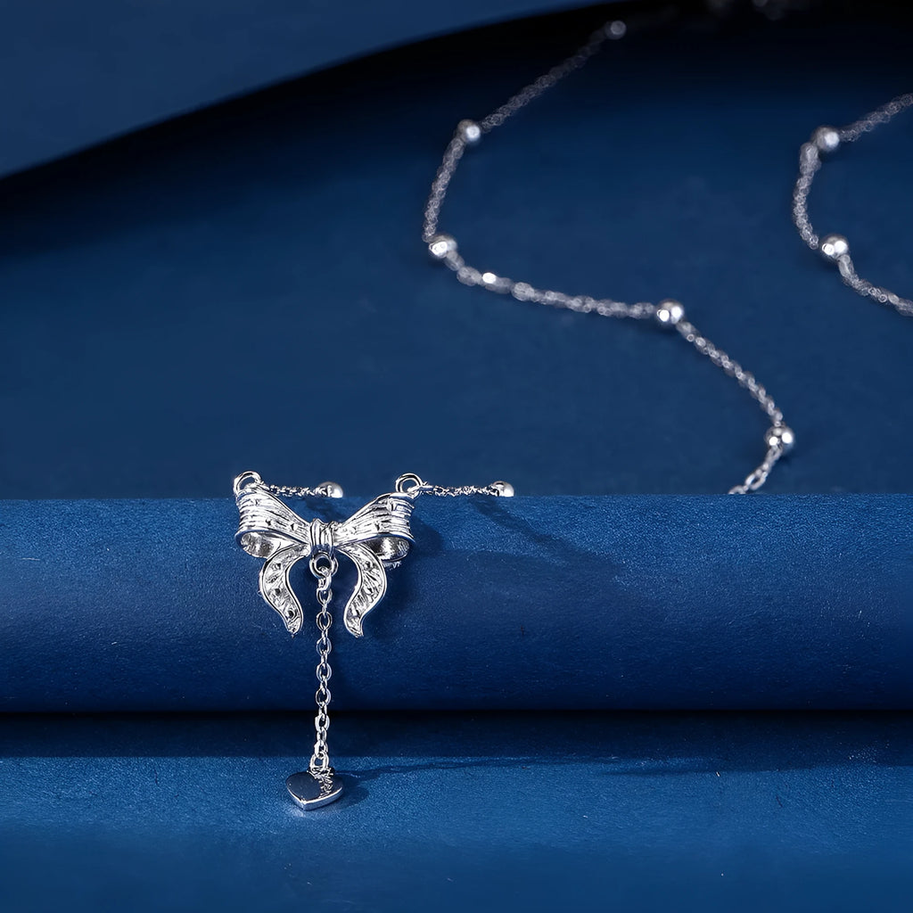 S925 silver necklace with butterfly and heart pendant on an adjustable O-ring chain