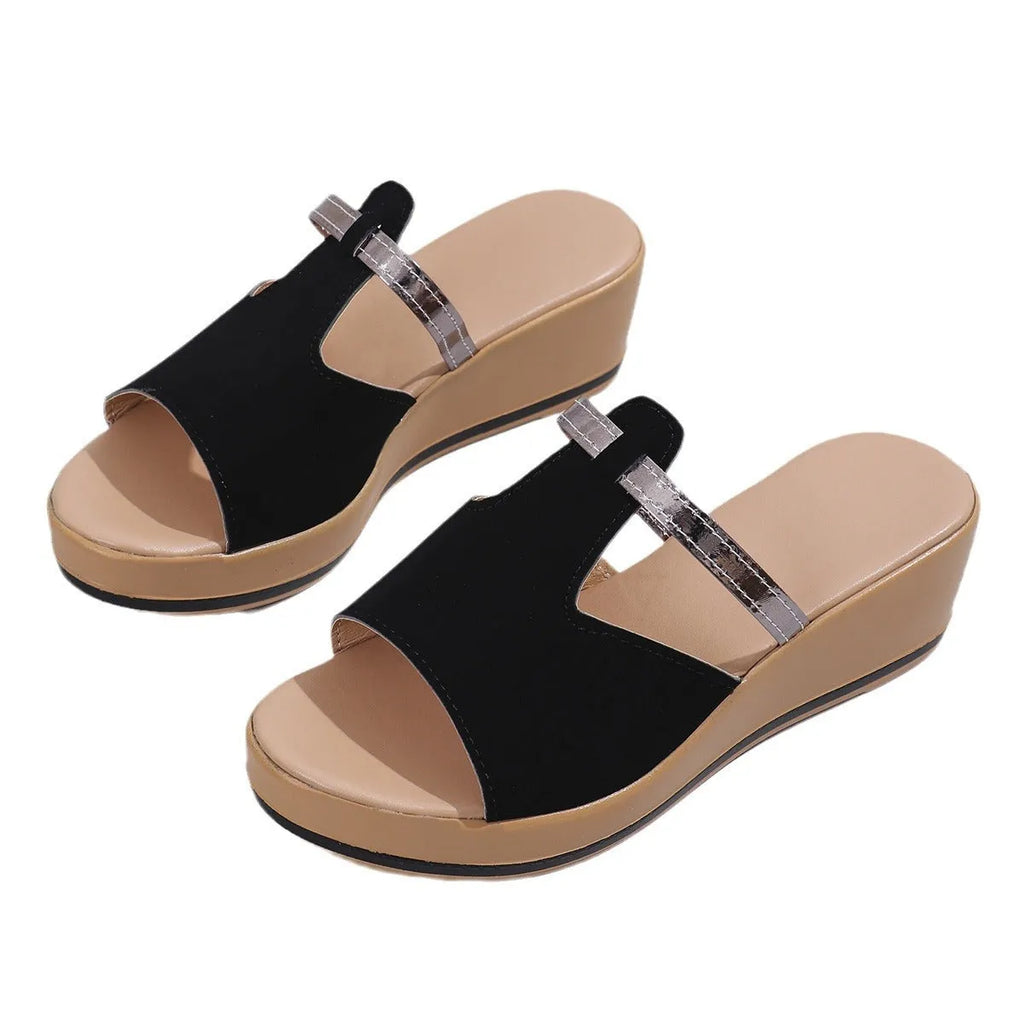 Summer peep-toe wedge sandals for women, thick sole, PU upper, black colour, side view