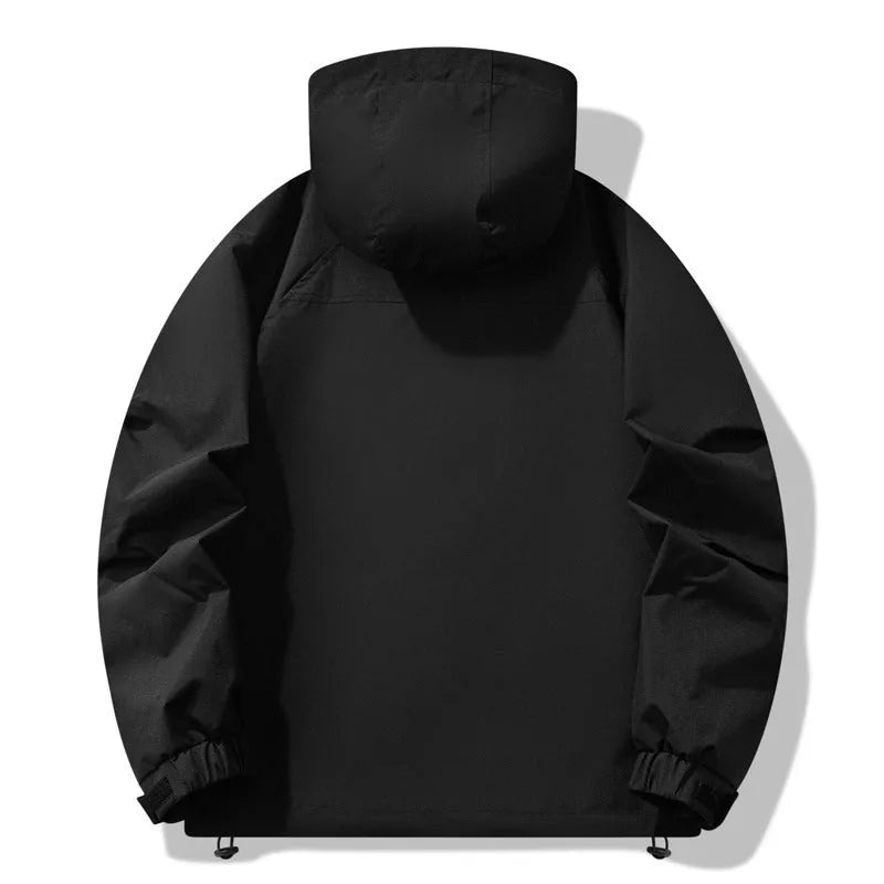 Men's three-proof outdoor windproof waterproof jacket in polyester with zippered pockets, solid colour, black