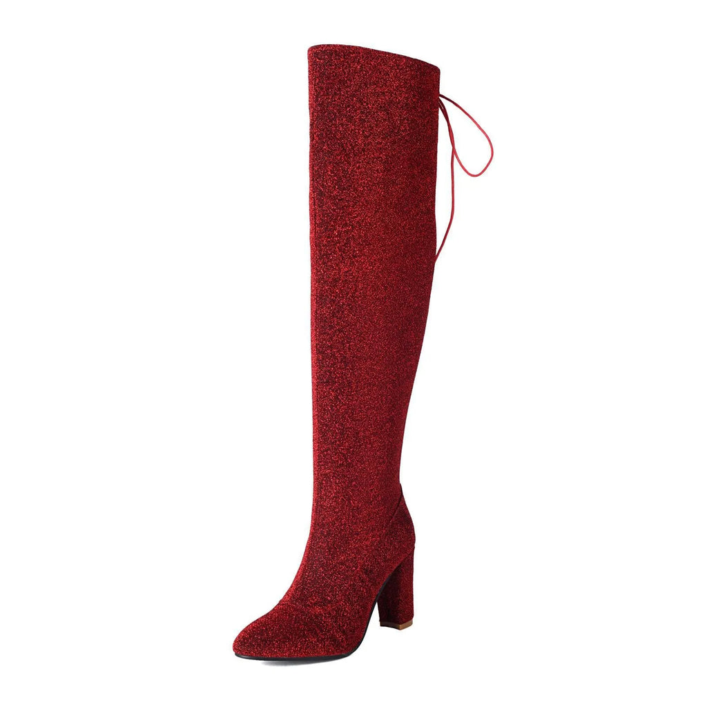 Over-the-knee suede leather high heel boots in red with pointed toe and side zipper, size EU 40-47