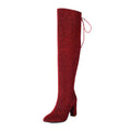Over-the-knee suede leather high heel boots in red with pointed toe and side zipper, size EU 40-47