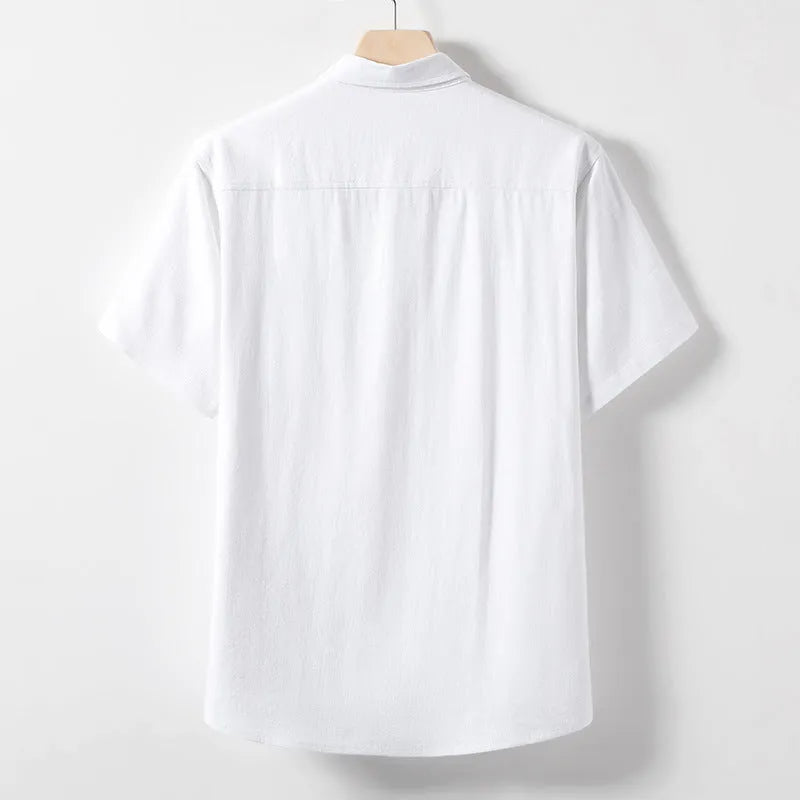 Men's loose lapel short sleeve linen blend T-shirt in solid colours on a size chart.