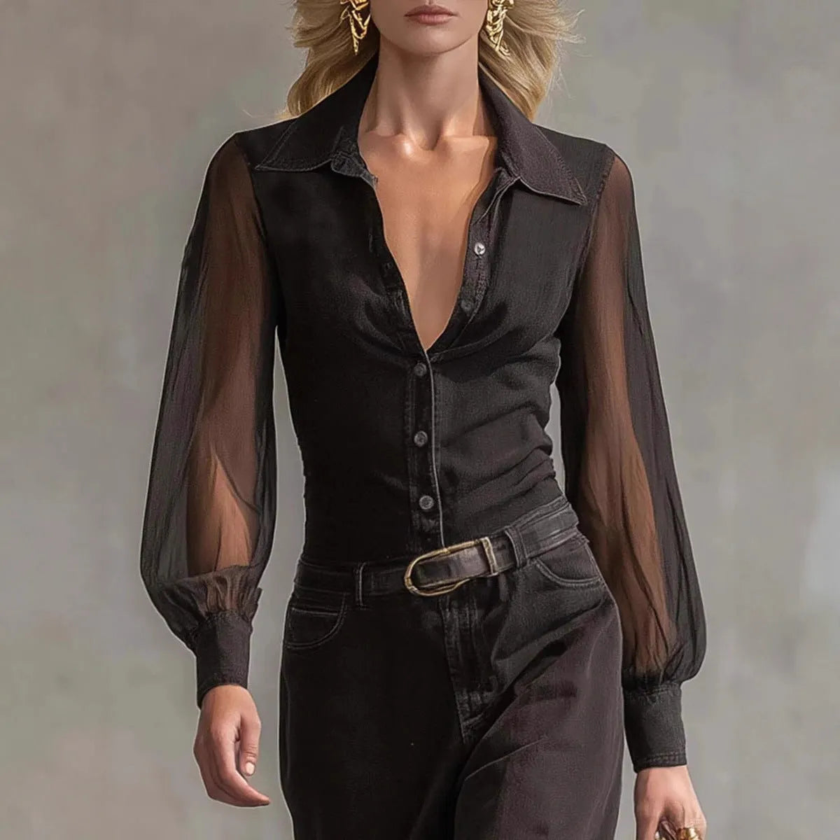 Black long sleeve see-through mesh dress with blouse collar and asymmetric hem pulled over model