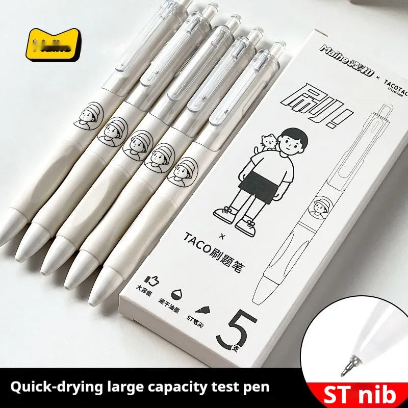 Five white plastic ballpoint pens with 0.5mm black ink tips arranged together