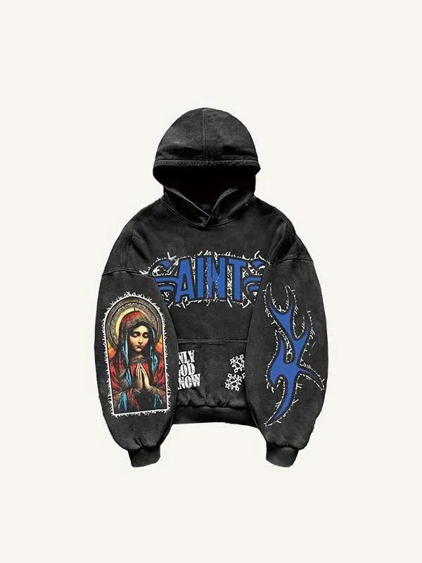 Men's black pullover hooded printed sweater with long sleeves and loose fit on a model