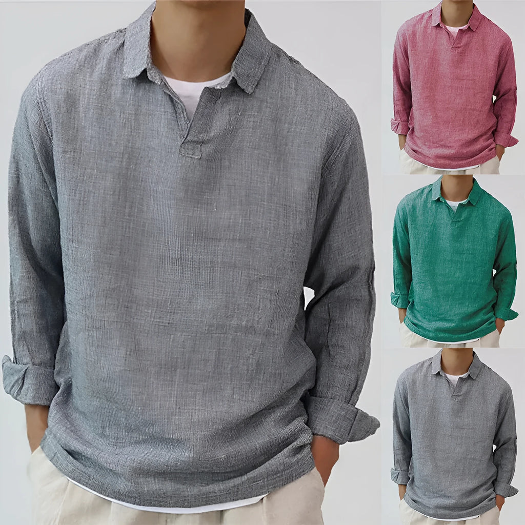 Men's cotton blend long sleeve pullover shirt with lapel collar in solid dark green, casual fit