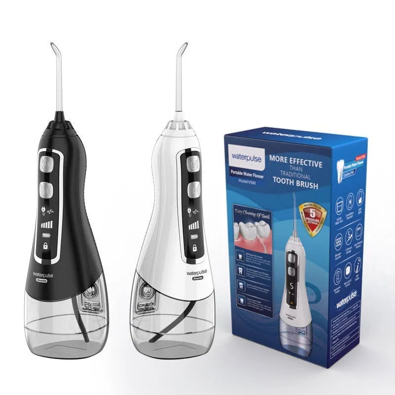 V580 portable electric dental irrigator with 320ml water tank in white, black, blue, and purple options