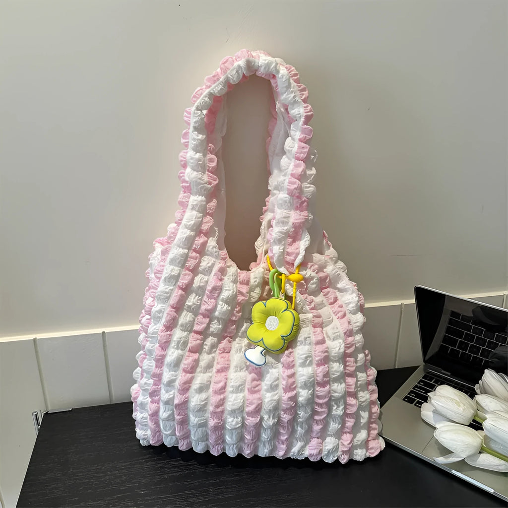 Women's pleated bubble crossbody handbag in soft polyester with pendant accessory