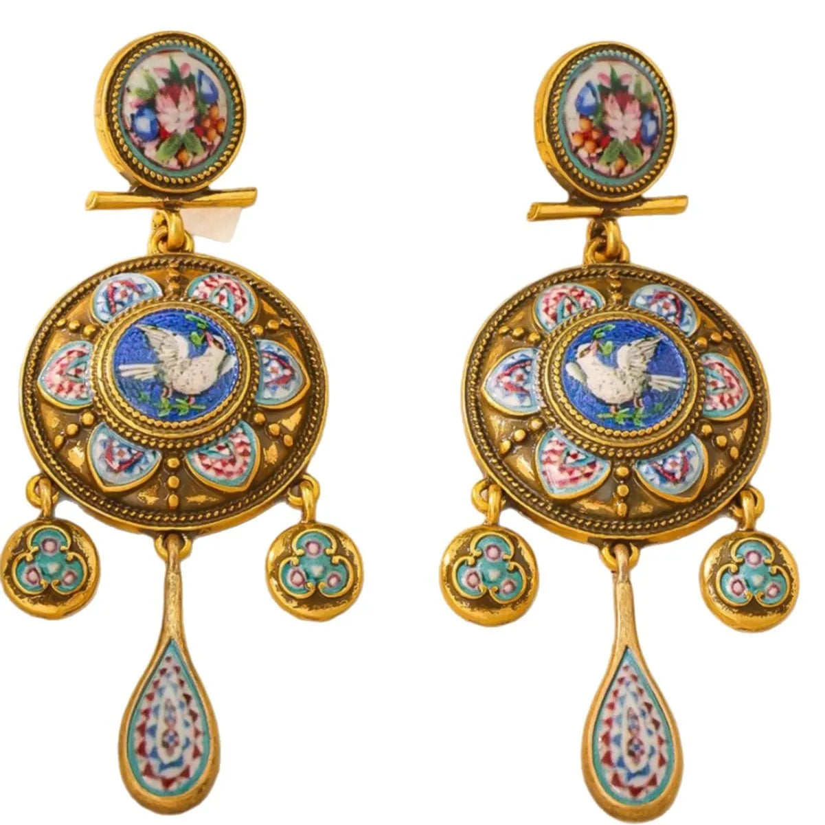 Vintage court style rattle drum ear studs with peace dove design for women