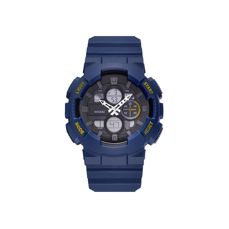 Men's waterproof electronic watch with double insert dial and 50mm plastic case in black gold
