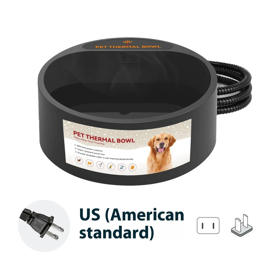 Black electric heated pet bowl for cats and dogs with constant temperature warming feature.