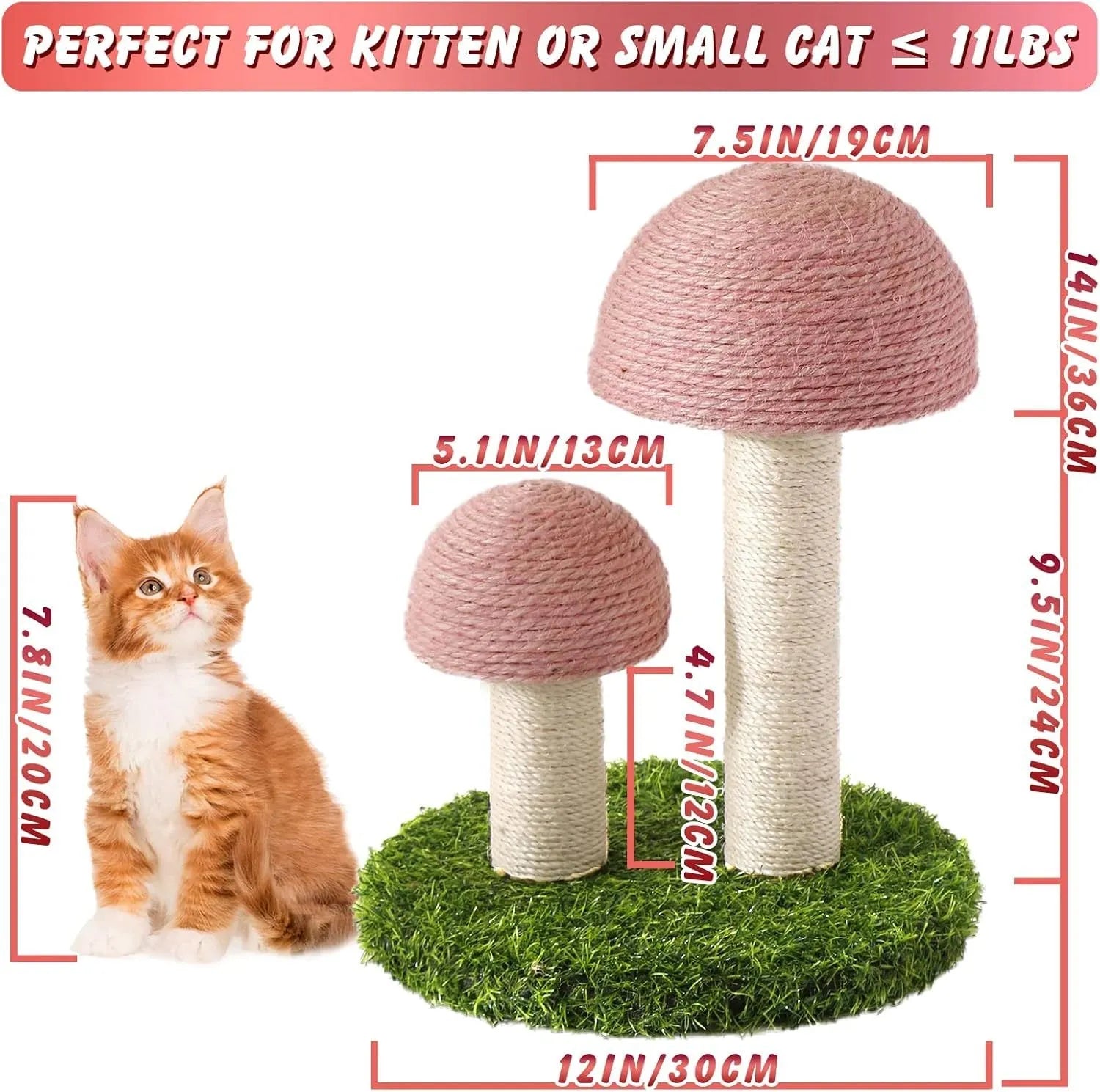 Pink mushroom-shaped cat scratching post with natural sisal covering for small cats up to 1.9kg