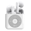 White wireless Bluetooth semi in-ear headphones with a charging case on a solid background.