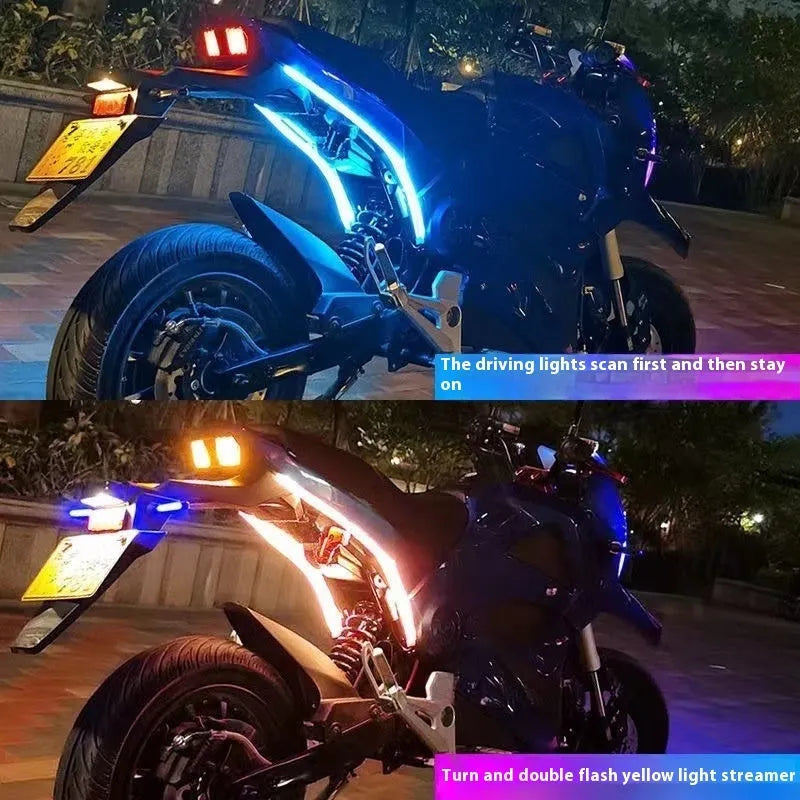 Motorcycle running water steering ambience light showing colour transition effects on handlebars