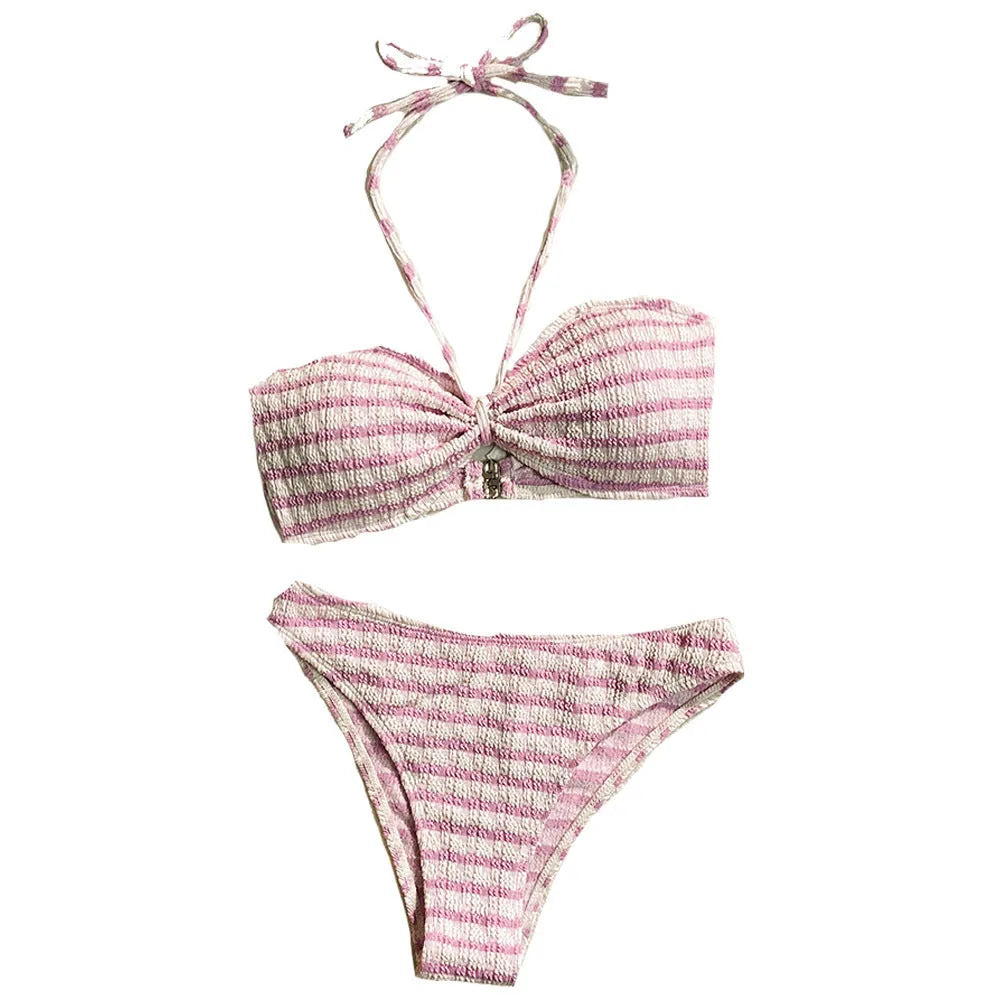 Pink and black striped women's bikini swimsuit with split design and matching briefs