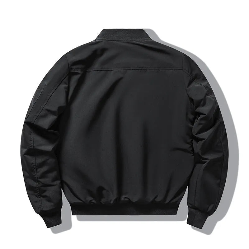 Men's slim-fit black retro embroidered motorcycle coat with a stand collar and patch pockets.