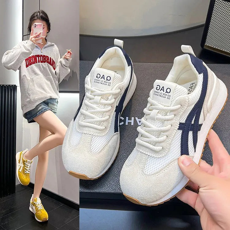 Women's white lace-up casual sneakers with round toe and flat heel