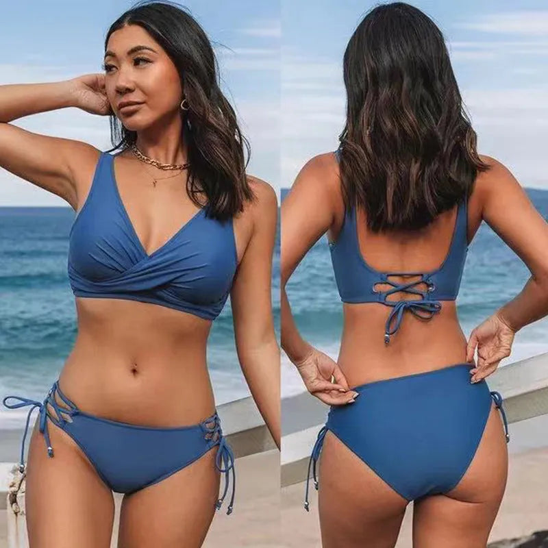 Women's yellow green halter neck bikini with lace-up front and split-style briefs for swimming