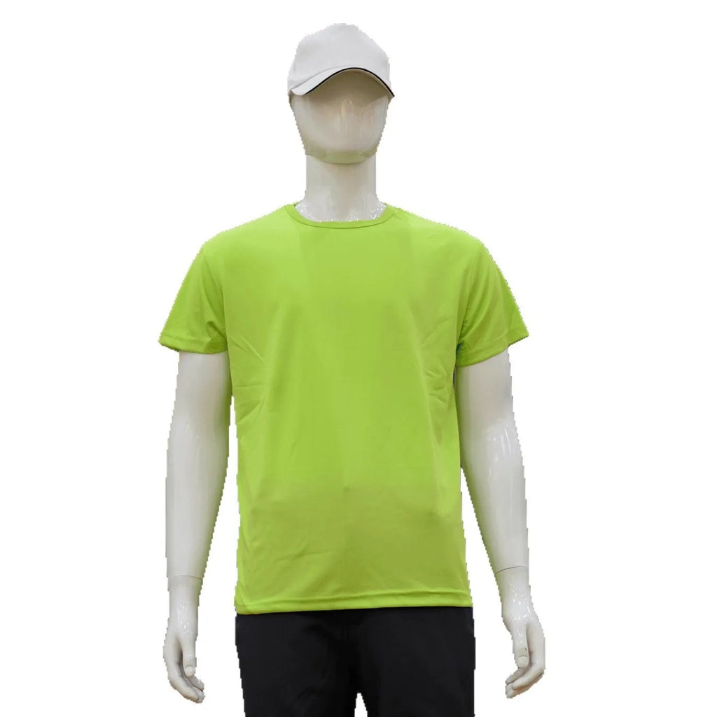 Quick-drying slim fit men's polyester T-shirt in a solid colour on a hanger.