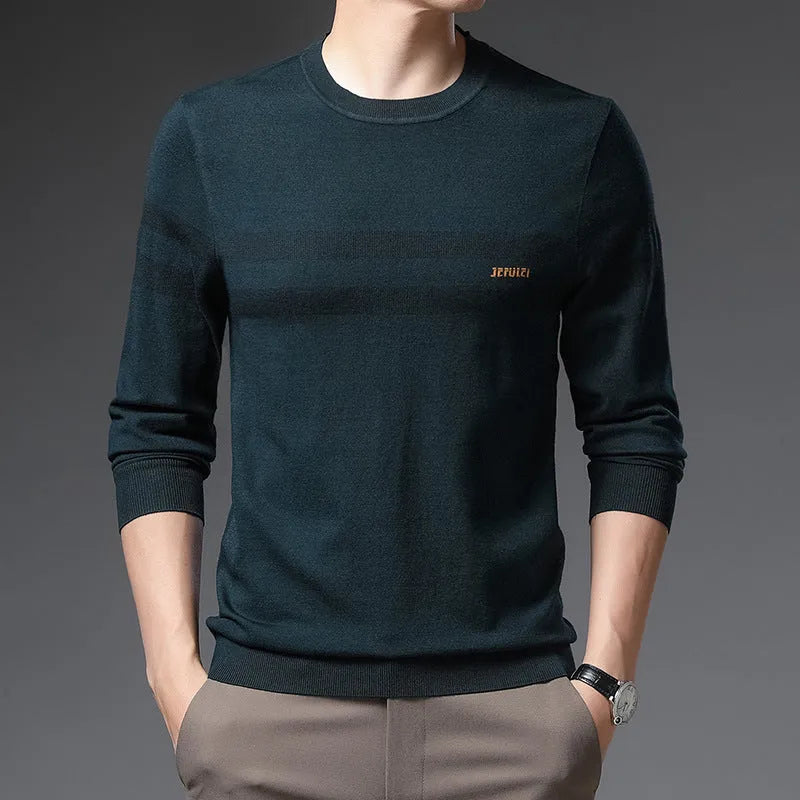 Men's round neck casual viscose pullover sweater in black showing pullover style