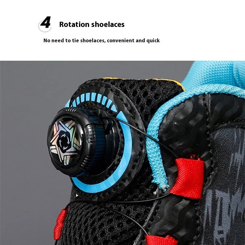 Children's rotating button basketball shoes in multiple colours with a synthetic leather upper and PU sole.