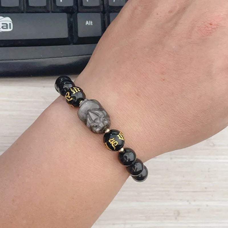 Natural silver stone men's bracelet with beaded zodiac and proverb design in Chinese style