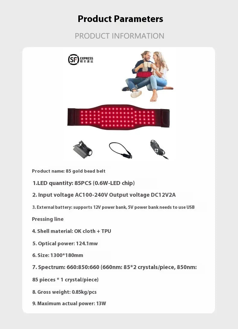 Black infrared red light therapy belt for waist pain relief with adjustable strap
