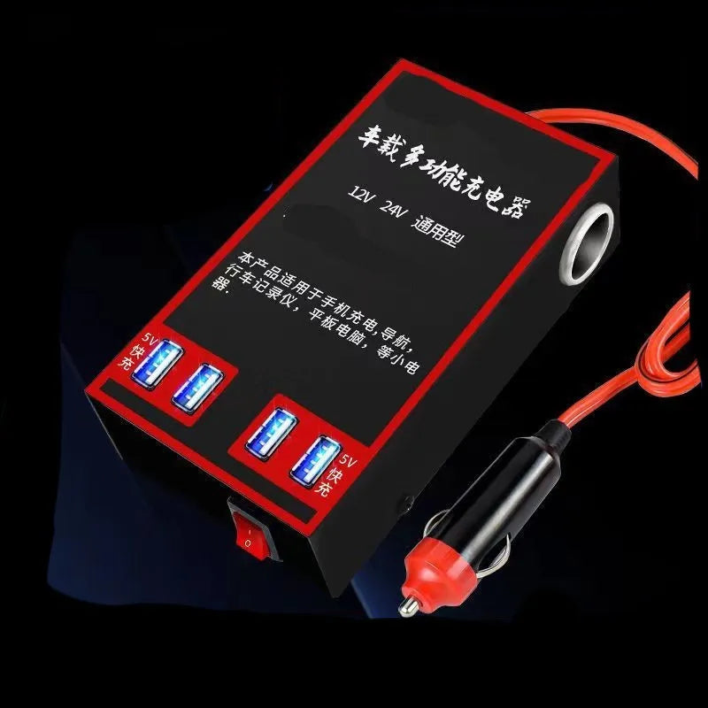 Black automotive power converter with 220V socket and four USB ports for 12V/24V vehicle systems