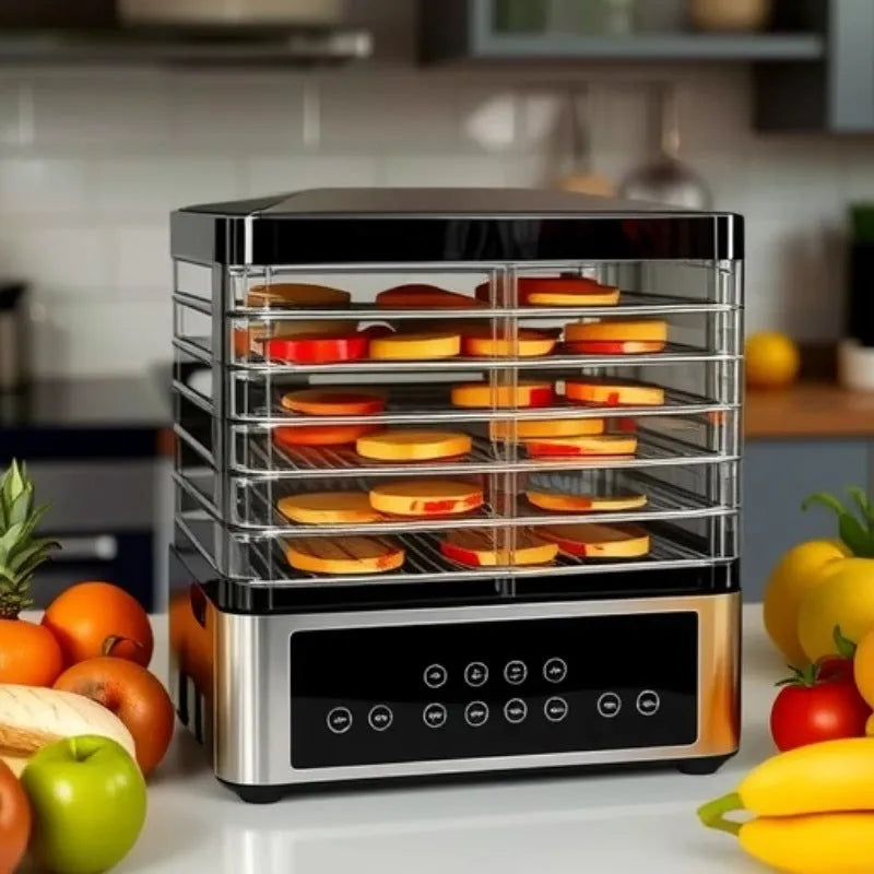 Silver stainless steel household food dehydrator with 14L capacity and digital temperature control.