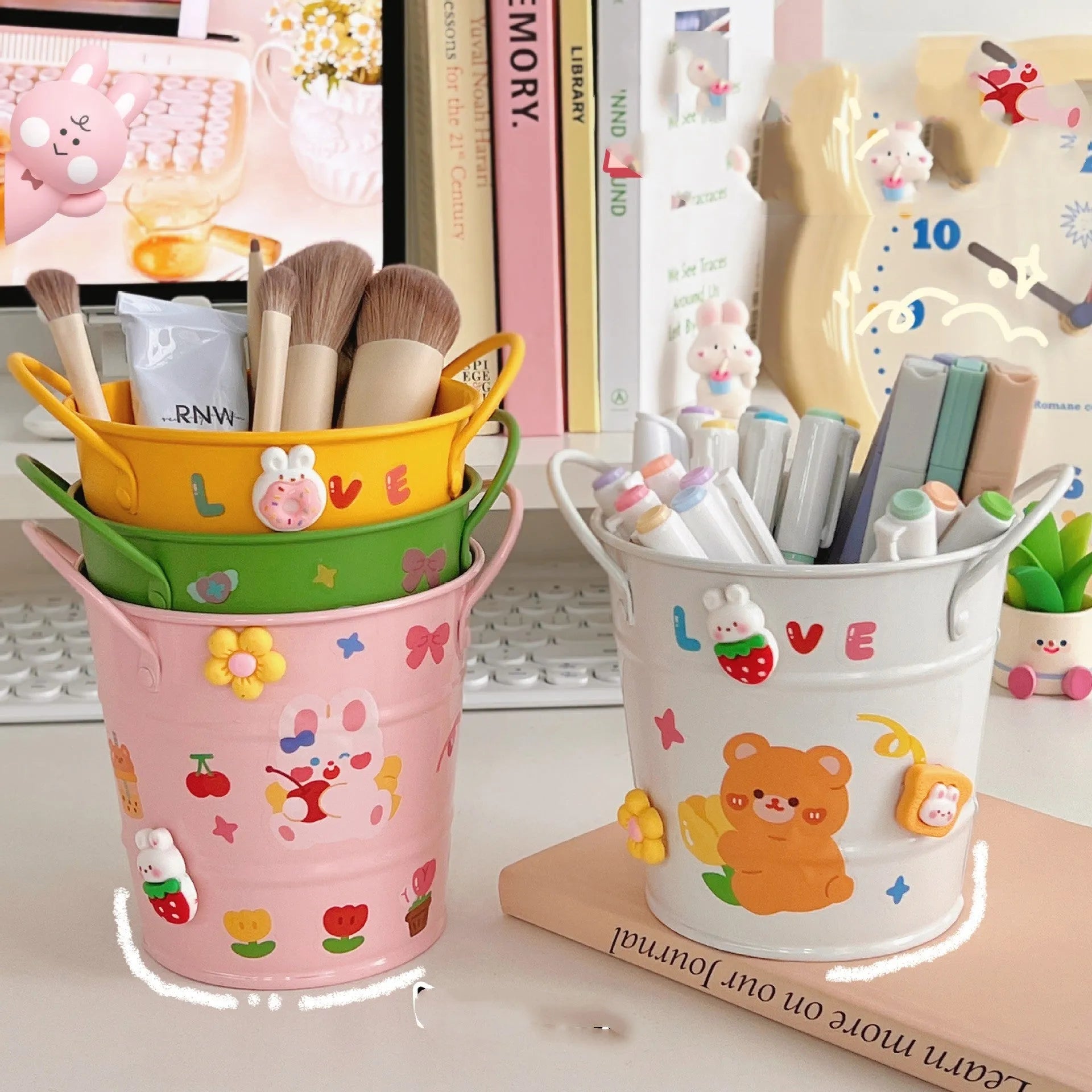 Round metal desk pen holder in green with decorative sticker patch design