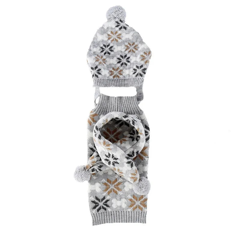 Japanese retro jacquard pet clothing set with sweater, hat, and scarf in grey and pink colour options