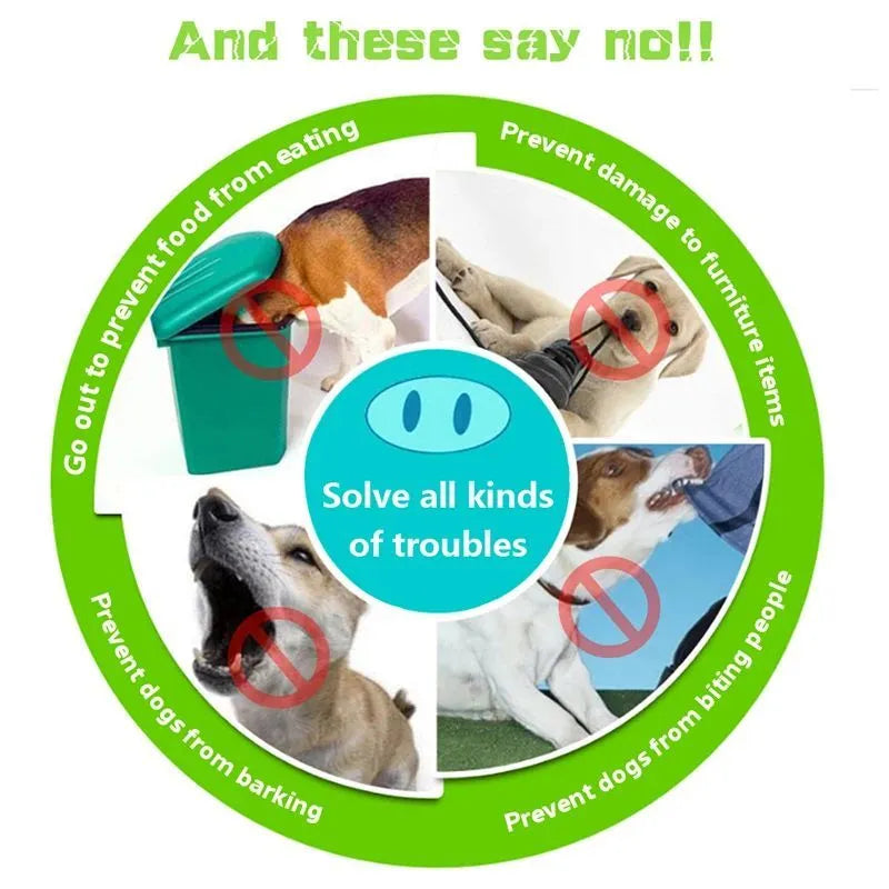Blue and green silicone dog anti-bite mouth covers shown in large and small sizes.