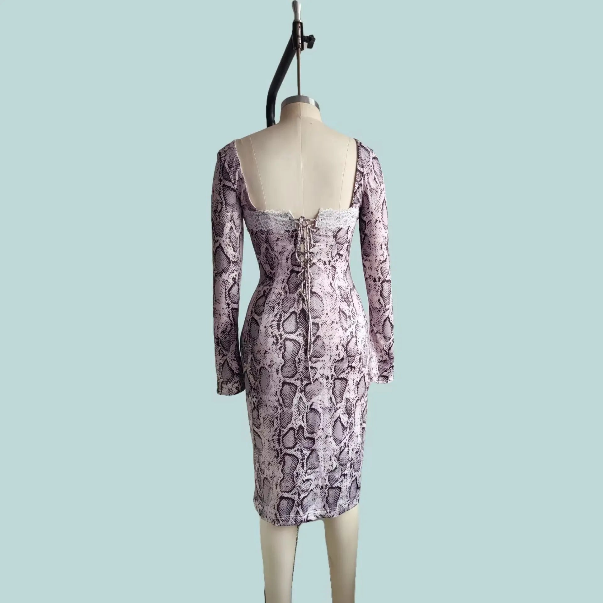 Grey digital printed lace dress with 3D pattern, A-line skirt, and long sleeves