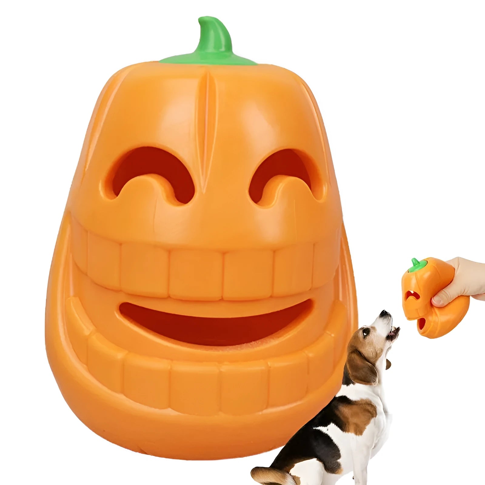 Yellow pumpkin-shaped TPR dog chew toy measuring approximately 8.6x11.5cm