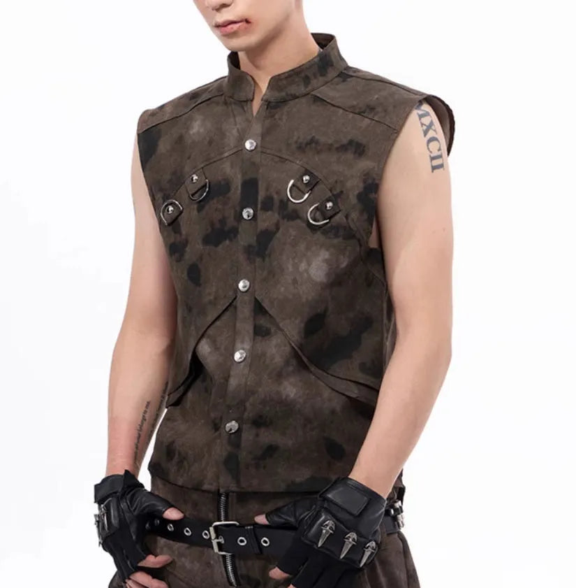 American retro camouflage denim vest coat with matching trousers in regular length