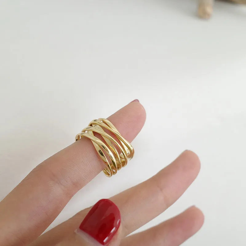 Retro multi-layer wrapped line ring for women copper electroplated silver gold adjustable opening