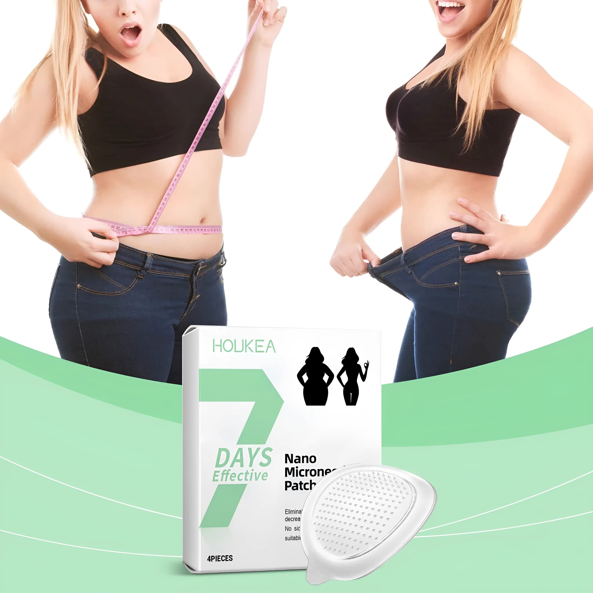 Four slimming microneedle patches with ginger and mugwort root ingredients on a backing card.