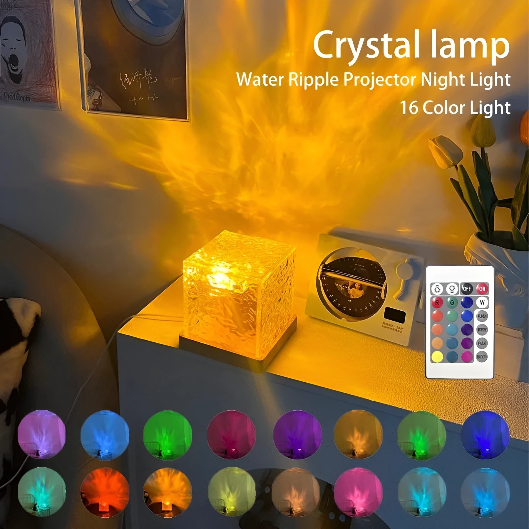 LED water ripple projection crystal table lamp with USB cable and remote control
