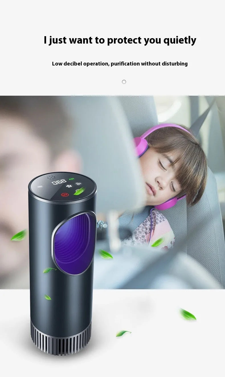 Black car air purifier measuring 68 by 187mm with USB power connection