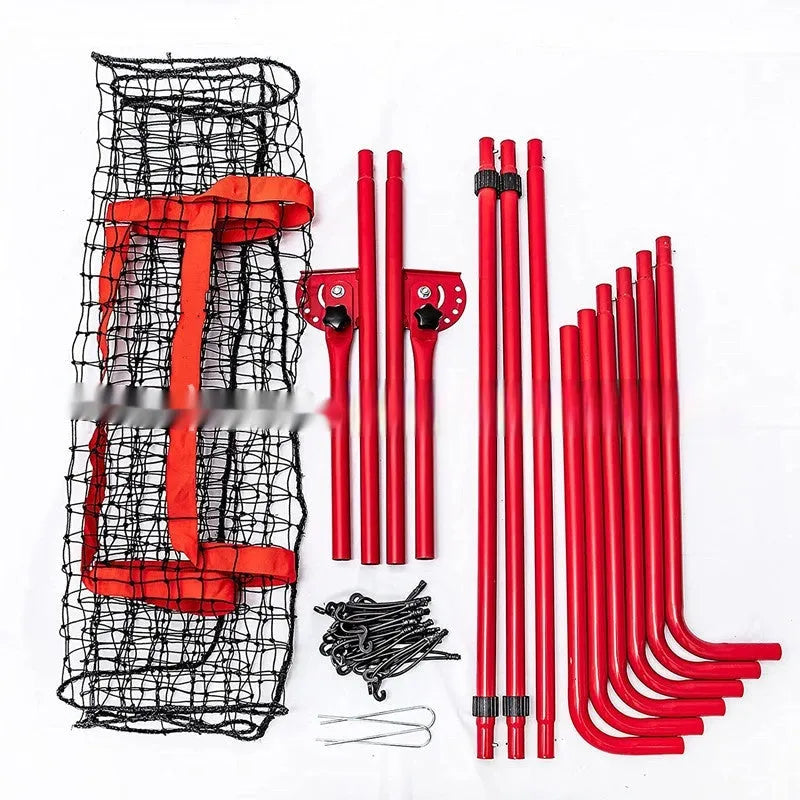 Red portable baseball training net with metal frame showing 4x6ft dimensions for outdoor sports practice
