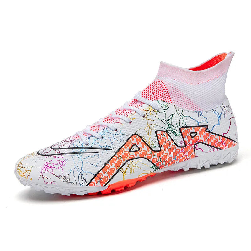 High-top football boots with rubber studded sole and breathable upper, available in black gold and white orange