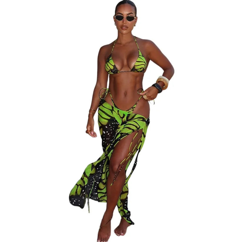Green fashion printed long skirt bikini three-piece set for women, street style, polyester fabric, sizes S M L