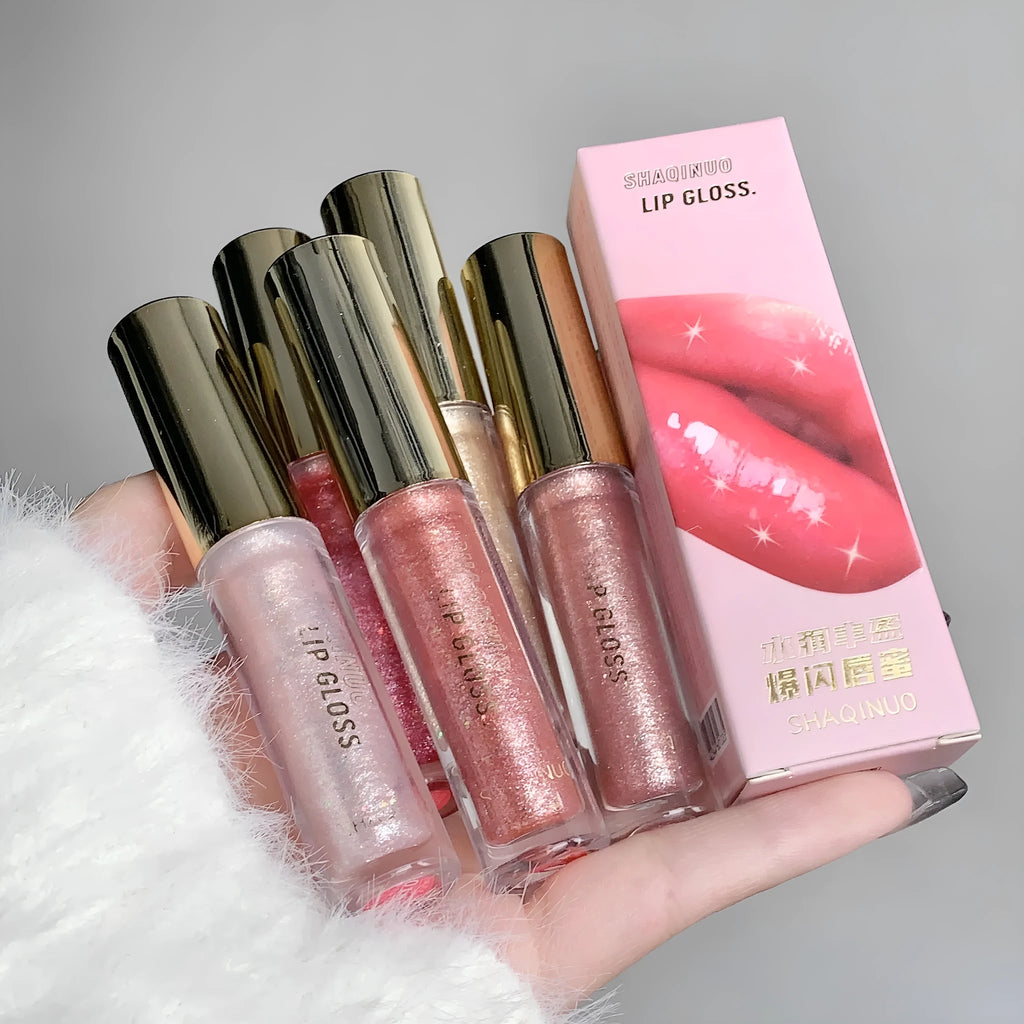 Shanuo moisturising lip gloss with water light mirror finish showing five colour options