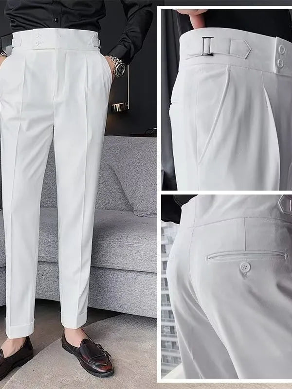 Cotton blend high waist straight casual trousers in black, shown on a model.