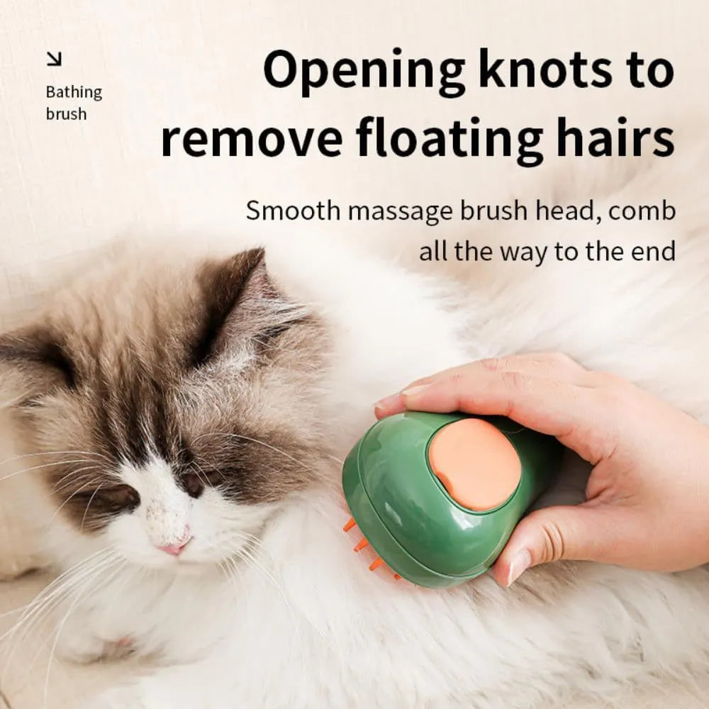 Green and white rechargeable 3-in-1 cat steam brush with silicone teeth and water spray nozzle.
