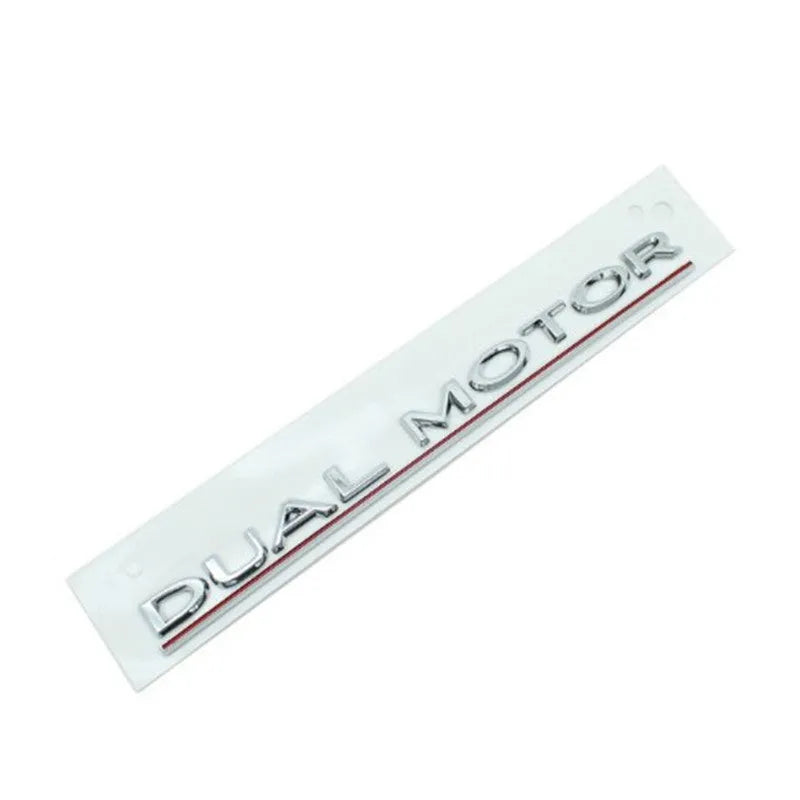 Tesla Model 3 dual motor performance bumper sticker in ABS plastic, showing matte black and red stripe option.