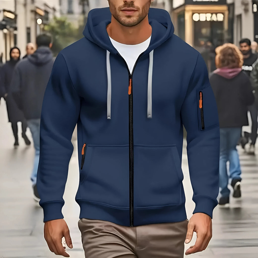 Men's camel-coloured hooded zip-up cardigan sweatshirt with long sleeves on a white background.