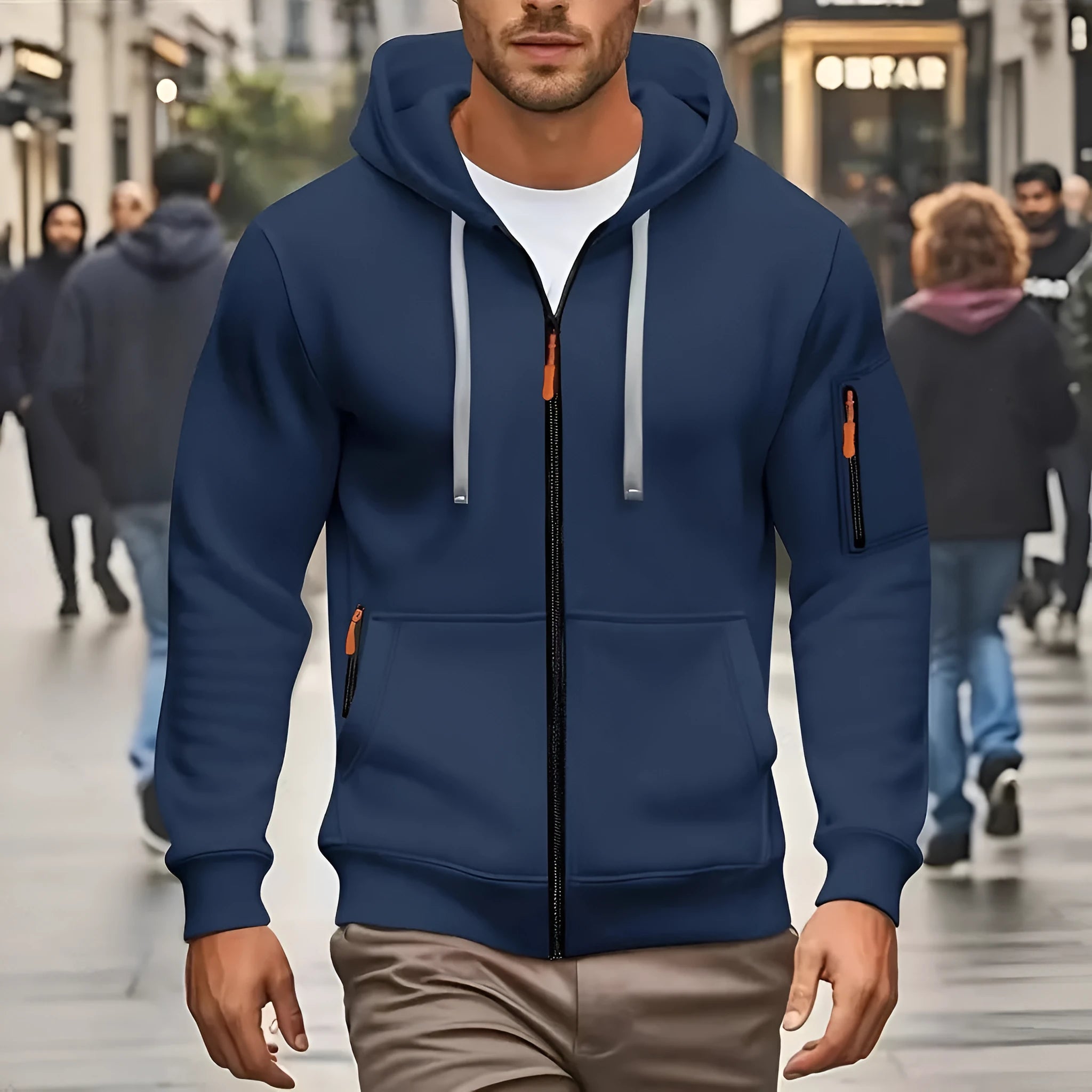 Men's camel-coloured hooded zip-up cardigan sweatshirt with long sleeves on a white background.